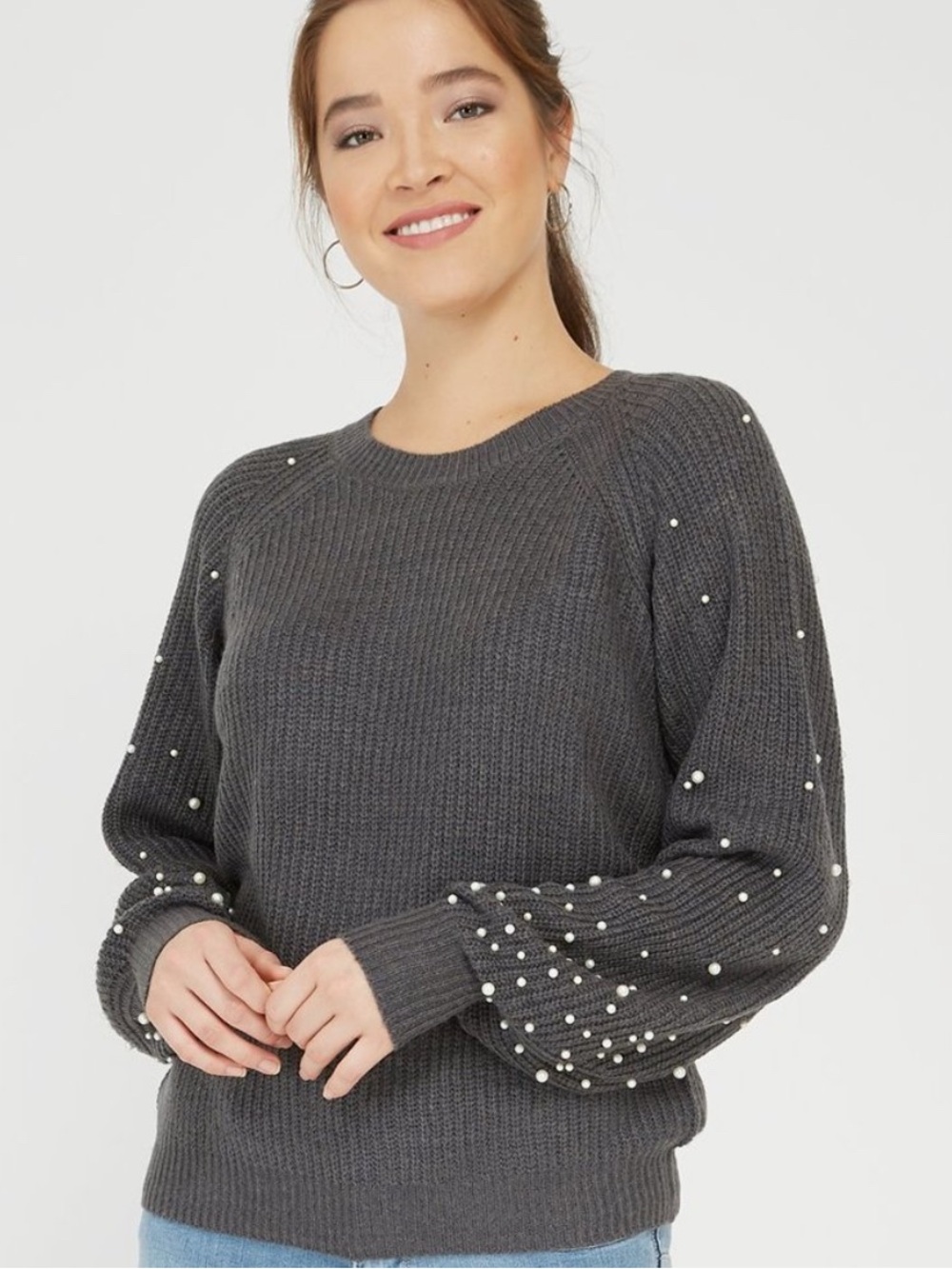 Black Tape_ Charcoal Pearl-Embellished Crewneck Sweater